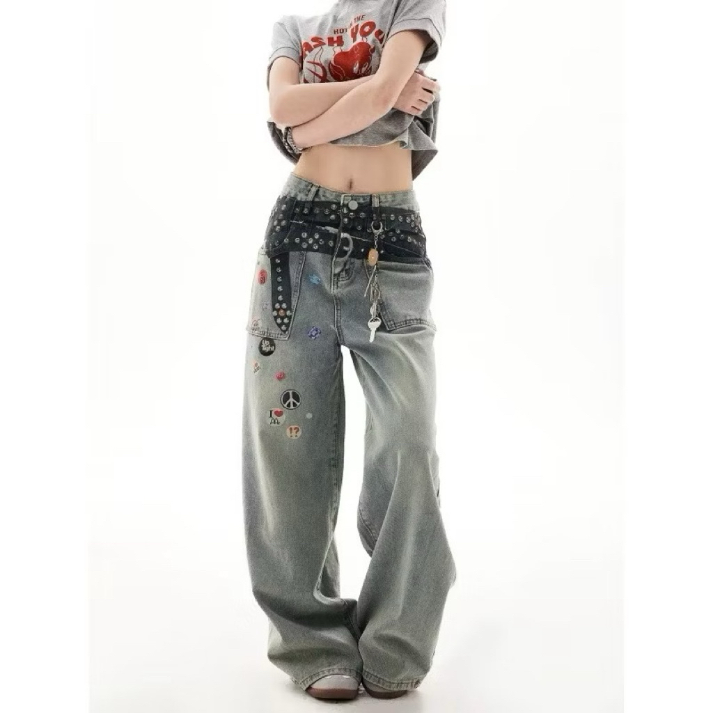 กางเกงยีนส์ทรงกระบอก key-printed jeans - รูปที่ 5