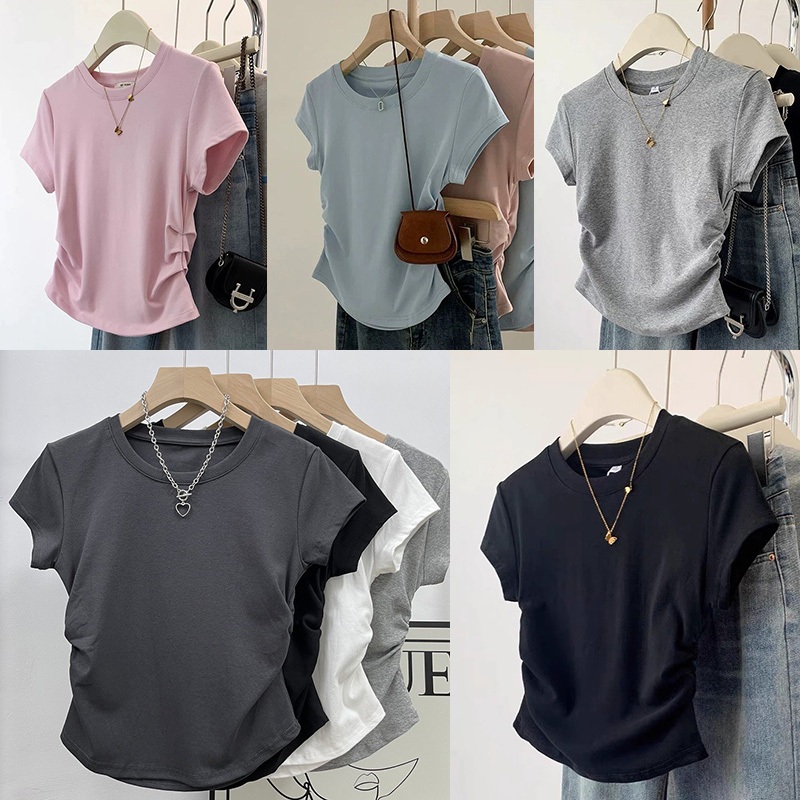 เสื้อยืดผู้หญิง👕เสื้อยืดแขนสั้น เสื้อครอปแต่งย่นข้าง คอกลม สีพื้น สไตล์ลำลอง เสื้อยืดรัดรูปผู้หญิงสาวอวบ