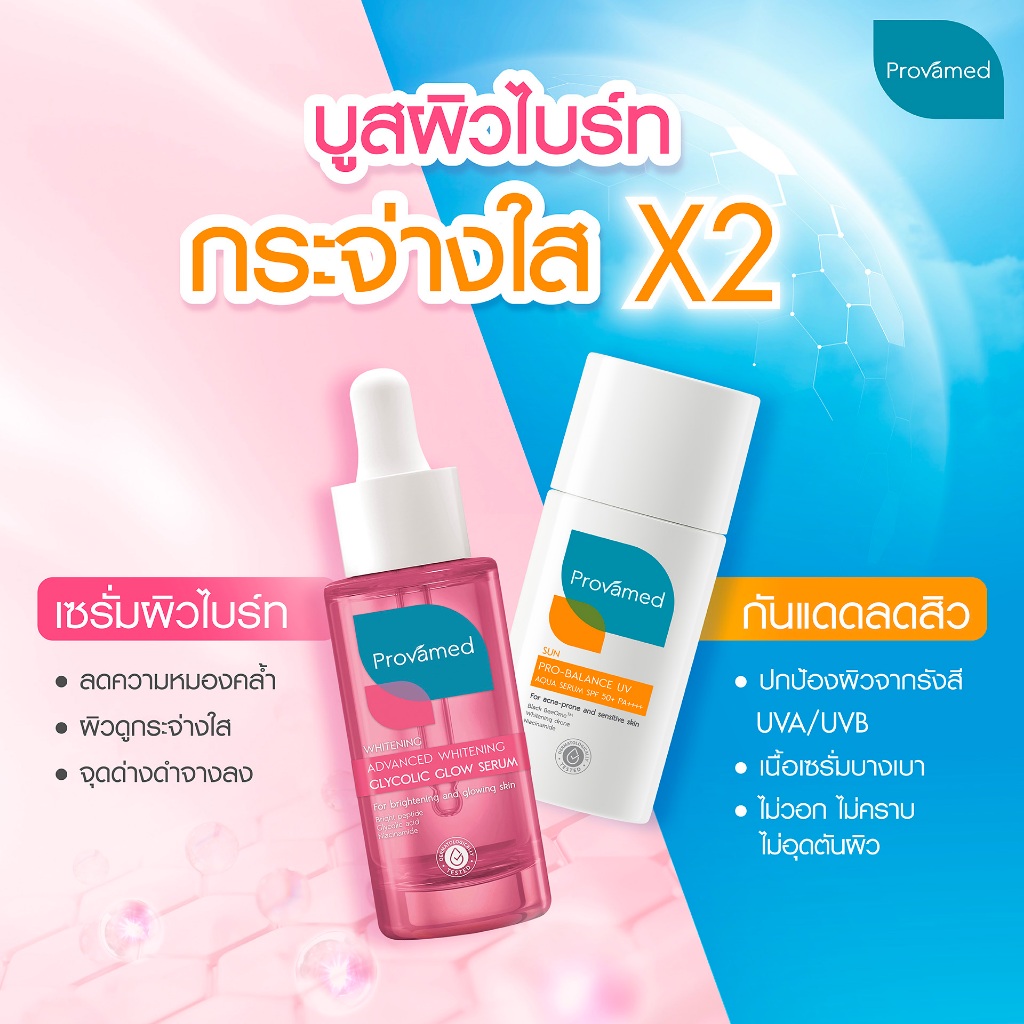 Set Bright and Bloc : PROVAMED GLYCOLIC GLOW SERUM 30 ML & PRO-BALANCE UV AQUA SERUM SPF50+ PA++++ 40 ML