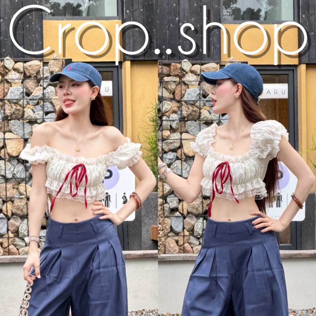 crop..shop เสื้อเเขนตุ๊กตา งานน่ารักเซ็กซี่นิดๆ ลายฉลุ ชายระบาย โบว์ตรงกลางสุดคิ้วท์ ใส่ได้2เเบบจ้า