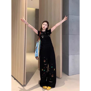 1961# [S-XL] ชุดเอี๊ยมผ้ายีนส์ขายาวสีดำปักลายน่ารักๆ ปรับสายได้ มีกระเป๋าหน้า-หลัง