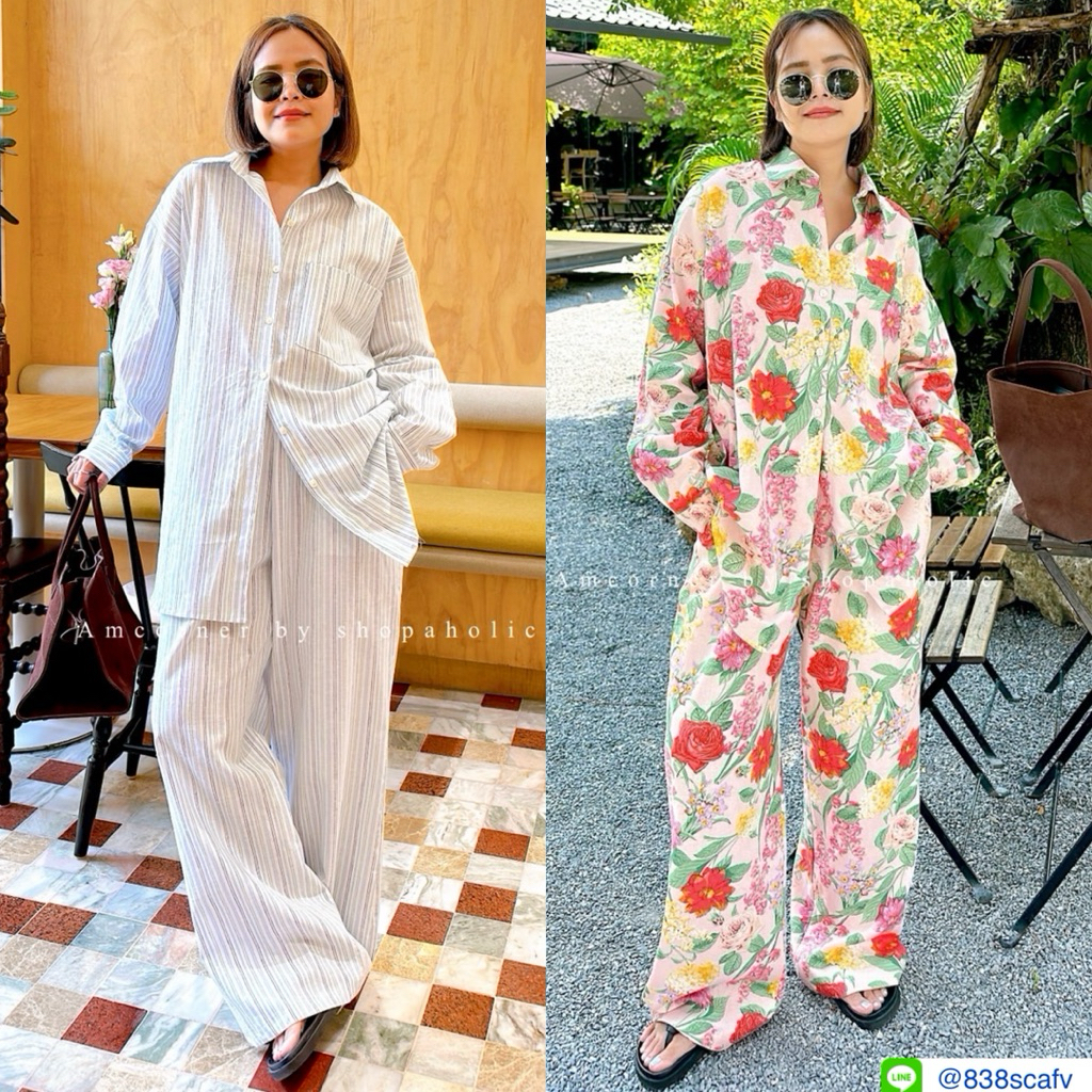 📌ทักก่อนสั่ง📌 ชุดเซท2ชิ้น ผ้าลินิน เสื้อเชิ้ต อก46“ แขนยาว + กางเกงเอวสม็อค Amcorner