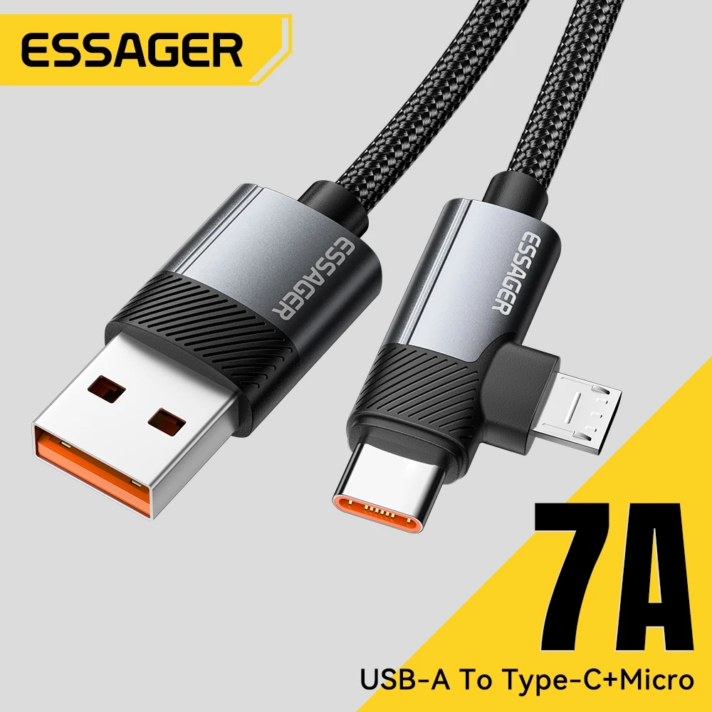 ESSAGER สายชาร์จเร็ว 7A USB To Type C To Micro 2 in 1 สำหรับโทรศัพท์ USB 2.0 480 Mbps 100W Cord