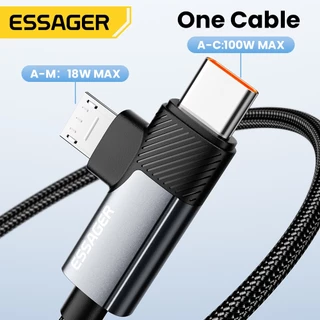 ESSAGER สายชาร์จเร็ว 7A USB To Type C To Micro 2 in 1 สำหรับโทรศัพท์ USB 2.0 480 Mbps 100W Cord