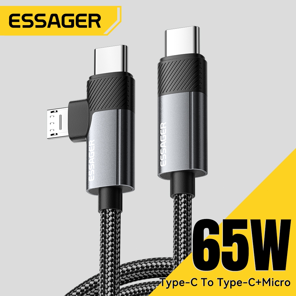 ESSAGER สายชาร์จเร็ว 5A USB C To Type C To Micro 2 in 1 สำหรับโทรศัพท์ USB 2.0 480 Mbps 100W Cord