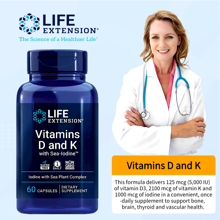 Life Extension, Vitamins D and K with Sea-Iodine, 60 Capsules Vitamin D3, K1, K2