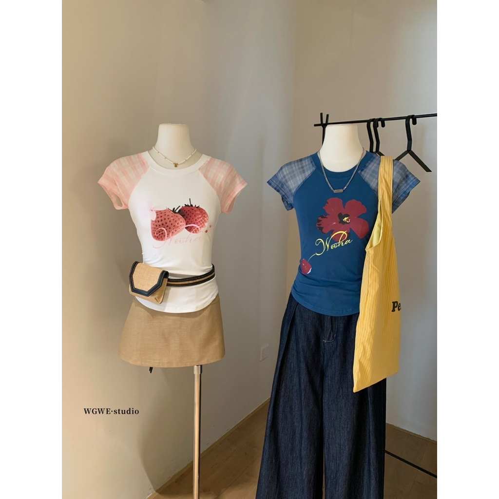 WG.WE 5801 🌺🍓 เสื้อยืดคอกลมแขนสั้น ต่อแขนผ้ามุ้ง สกรีนลายด้านหน้า - รูปที่ 4