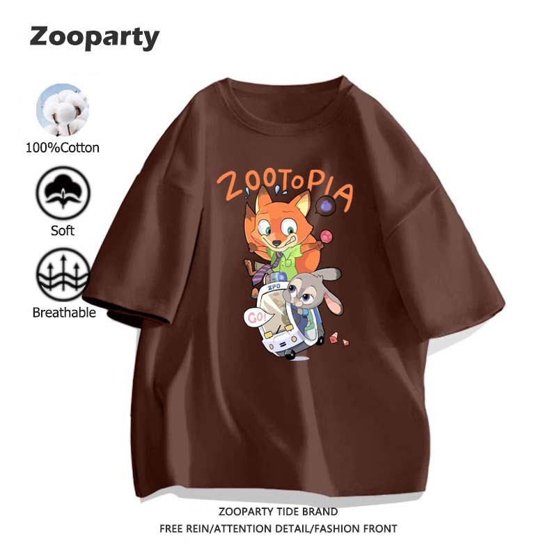 เสื้อยืด Zootopia ลายพิมพ์การ์ตูนน่ารัก คอกลม เสื้อเชิ้ตแขนสั้น ผ้าฝ้ายแท้ oversize ใส่สบาย นุ่ม ใส่ได้ทั้งชายและหญิง