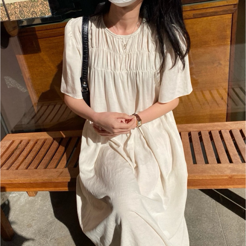 เดรสยาวสไตล์มินิมอล เดรสทรงปล่อยแขนสั้น เดรสทำงาน