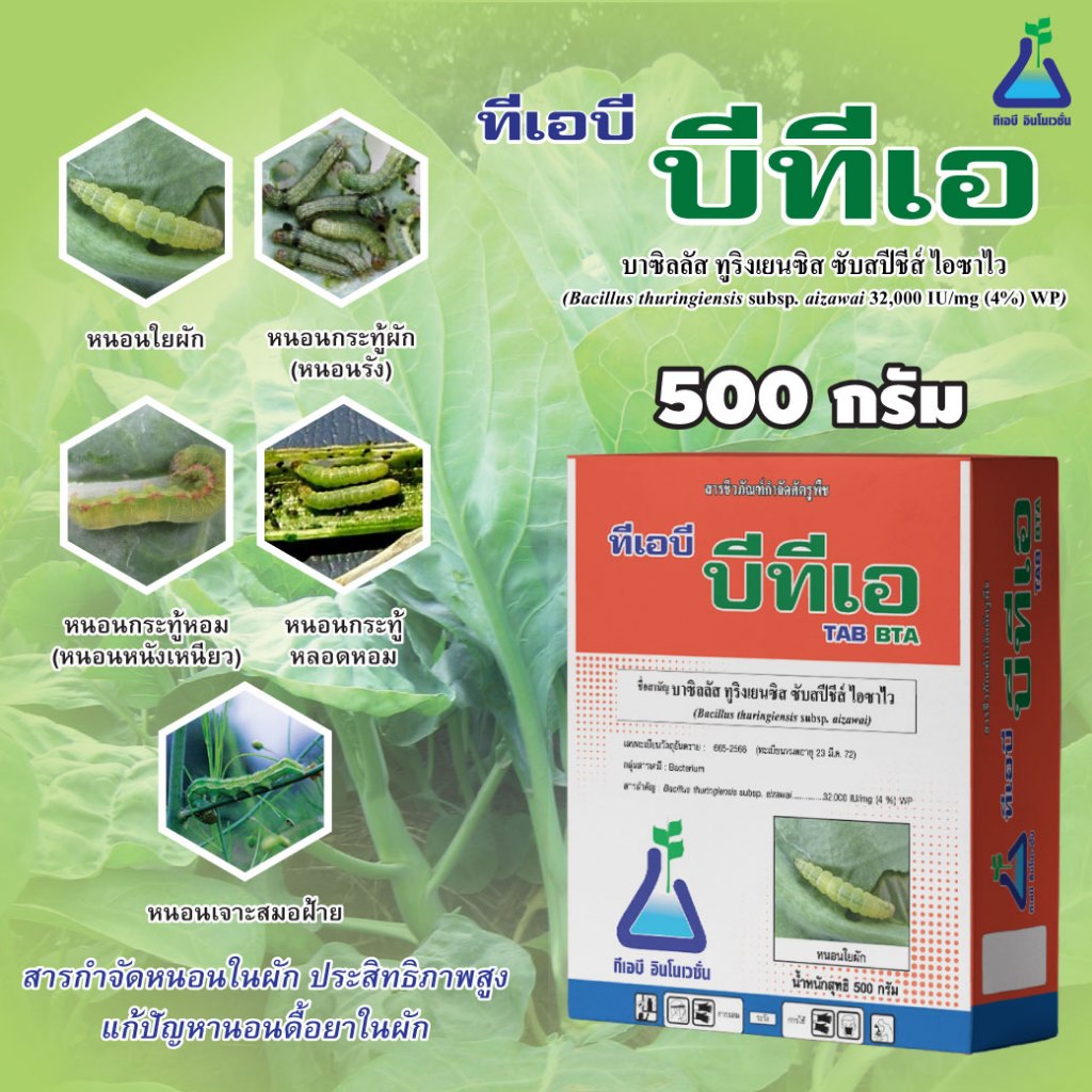 บีทีเอ 500 กรัม ยาเชื้อบีที bt บาซิลลัส ทูริงเยนซิส Bacillus thuringiensis (TAB BTA) 500 g