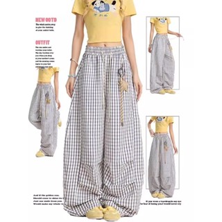 กางเกงลำลองขากว้างลายสก็อตแขวนลายดาวสไตล์อเมริกันสำหรับผู้หญ…