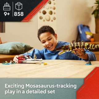 LEGO Jurassic World 76974 Brick-Built Mosasaurus Boat Mission (858pcs.), Building Blocks, Kids Toy
