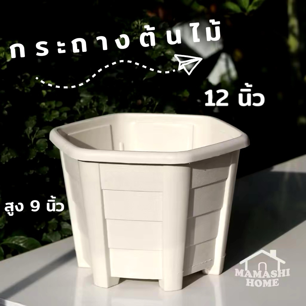 กระถางพลาสติก ขนาด 12 นิ้ว ทรงหกเหลี่ยม 6 เหลี่ยม สีครีม