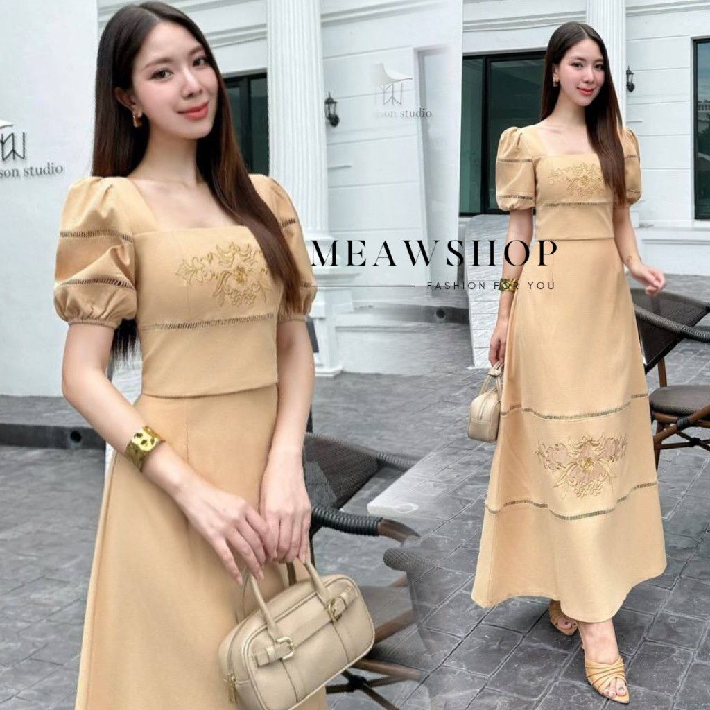 Set เสื้อคอเหลี่ยม แขนตุ๊กตา+กระโปรงยาว S-2XL ชุดออกงาน ชุดไปงาน ชุดทำงานผู้หญิง ชุดไปเที่ยว ชุดไปวั