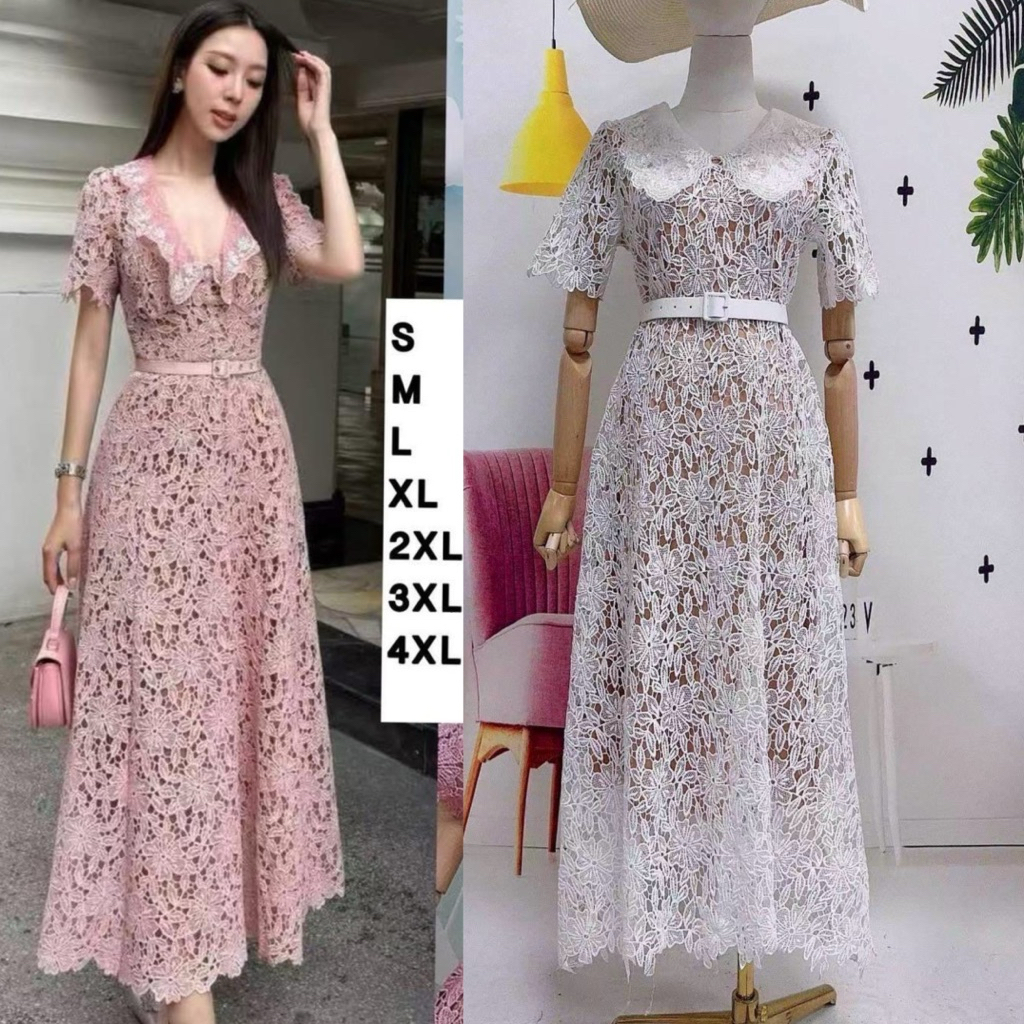 ❌พร้อมส่งM❌ป้าย CLT มี2สี เดรสยาวลูกไม้ลายสวย งานกระแส งานตามหา คอปก แขนสั้น+เข็มขัด สวยมาก ลูกไม้แน