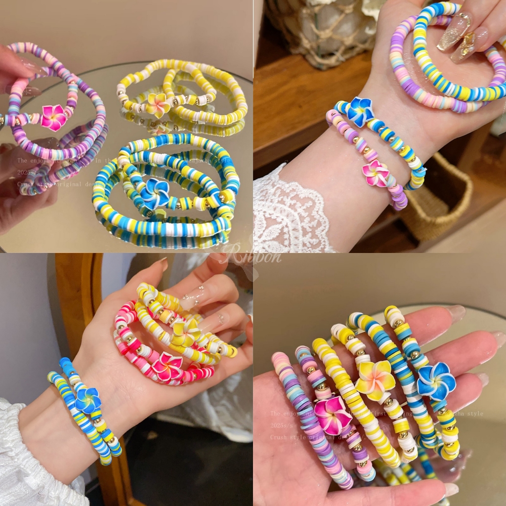 RibbonIsland🌈 สร้อยข้อมือ เชือกลูกปัด dopamine ลายดอกไม้🌼 สีสันสดใส น่ารัก ใส่ไปทะเล หวาน พร้อมส่งจากไทย🚚