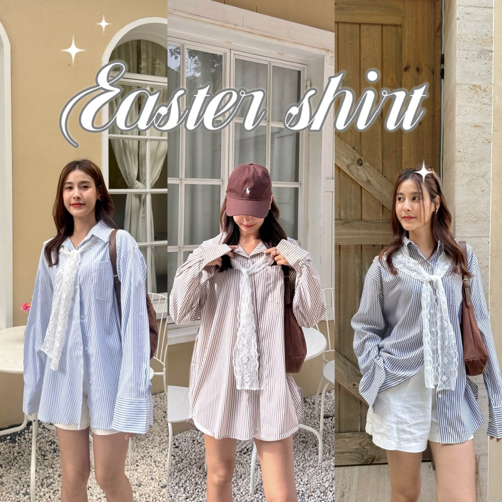 19JAN.STUDIO : EASTER SHIRT เสื้อเชิ้ตเเขนยาวลายทาง ทรงสวย ทรง oversize แต่งผ้าพันคอลูกไม้