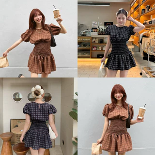Scott dress ชุดมินิเดรสลายสก็อต~แขนพองสีสวย แต่งสม็อครอบตัวทำให้ยืดได้เยอะมาก กระโปรงจับจีบ ดูพองสวย