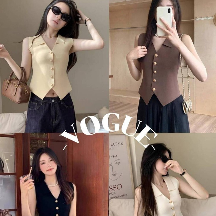 Vogue🌟พร้อมส่ง🌟 เสื้อครอปไหมพรมคอวี มินิมอล ยืดกำลังดีเรียบหรู (83157)