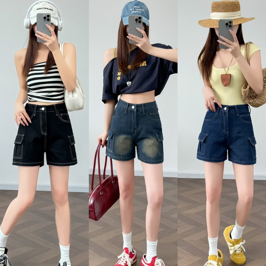 S-5XLกางเกงยีนส์ขาสั้นทรงคาร์โก้ เอวสูงเหนือสะดือ นื้อผ้ายีนส์ไม่ยืด