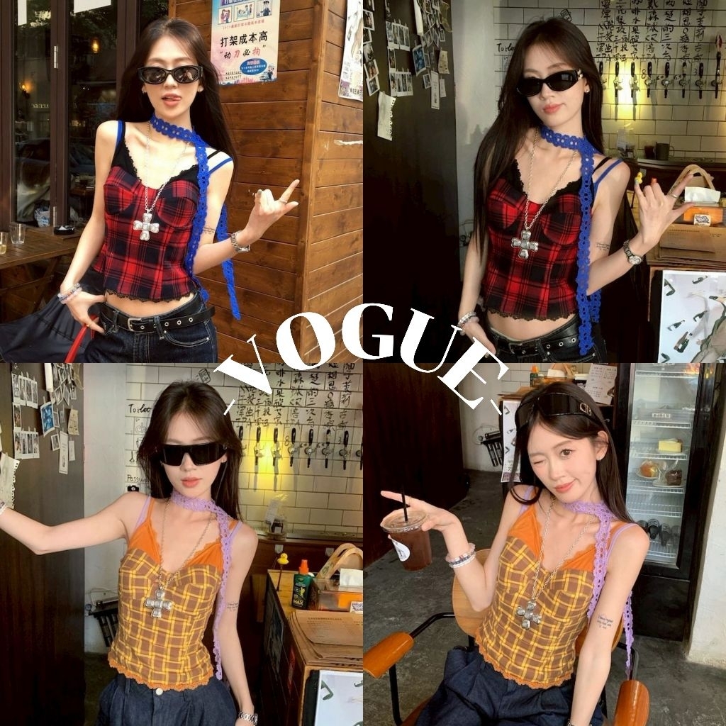 Vogue พร้อมส่ง เสื้อสายเดี่ยว มีฟองน้ำ ดีเทลสายสก็อต เพิ่มสาย (FY883)