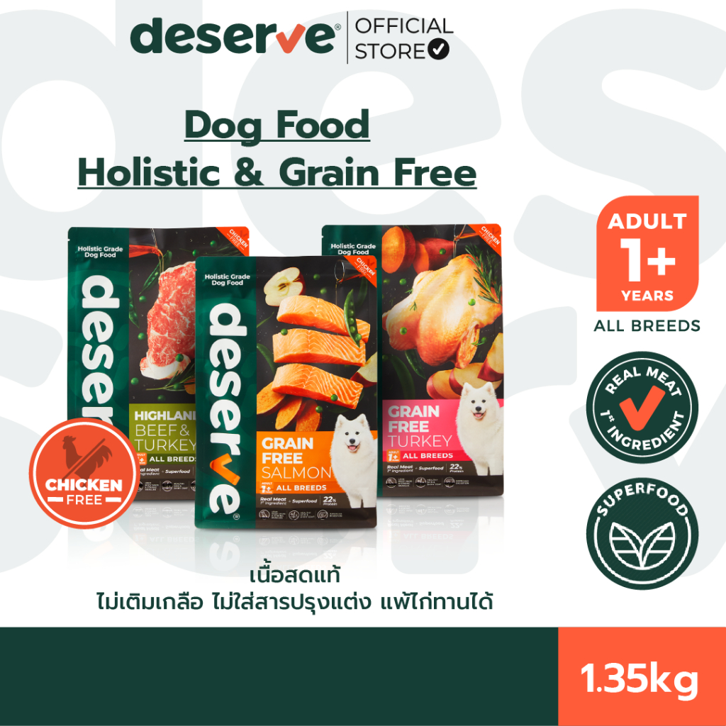[1.35kg.] DESERVE อาหารเม็ดสำหรับสุนัข Holistic Grain Free แพ้ไก่ทานได้ ลดคราบน้ำตา บำรุงกระดูก