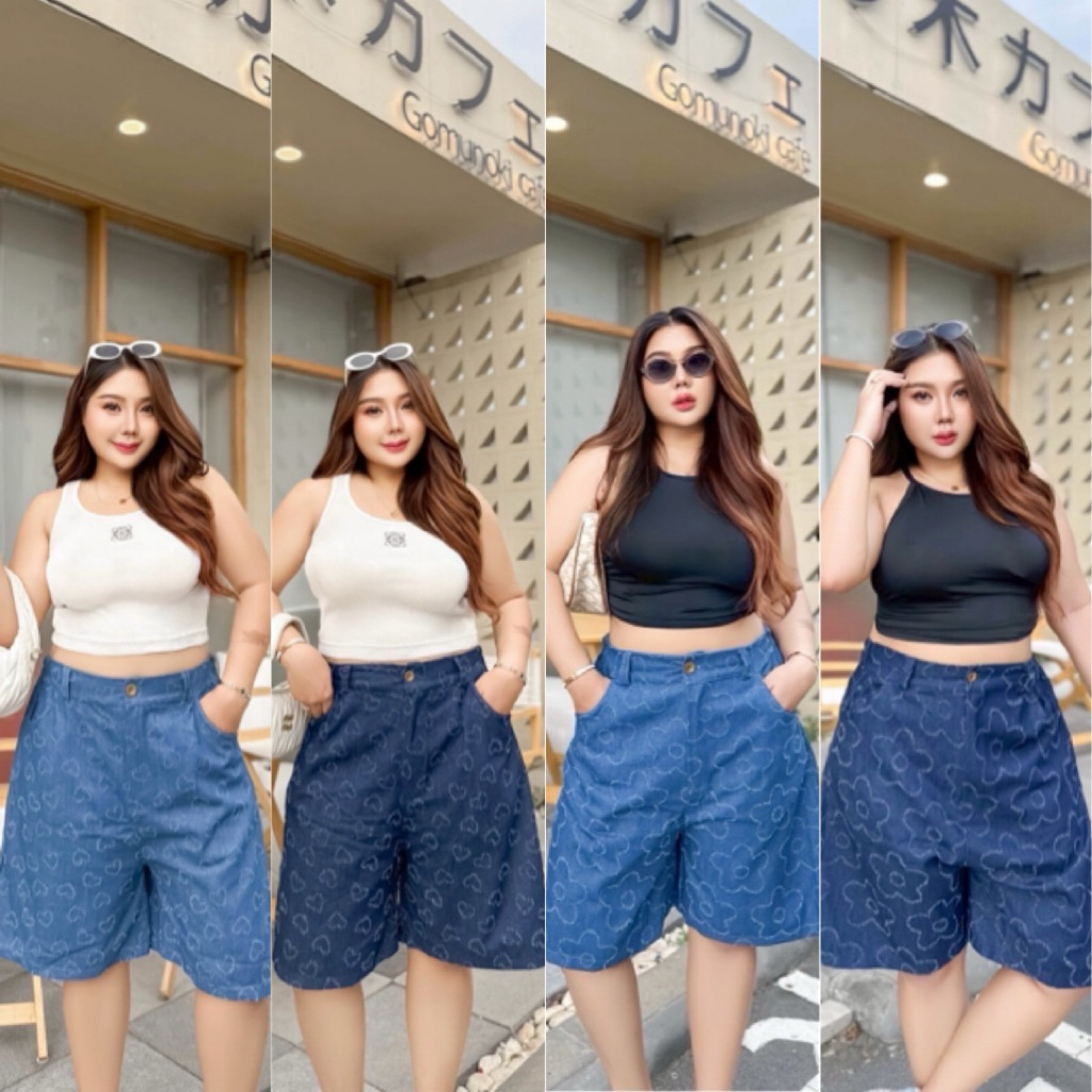 กางเกง 4ส่วน มีกระเป๋ากางเกง 2 ข้าง ผ้ายีนส์ลายหัวใจ/ดอกไม้ ไซส์ใหญ่ สาวอวบ YY