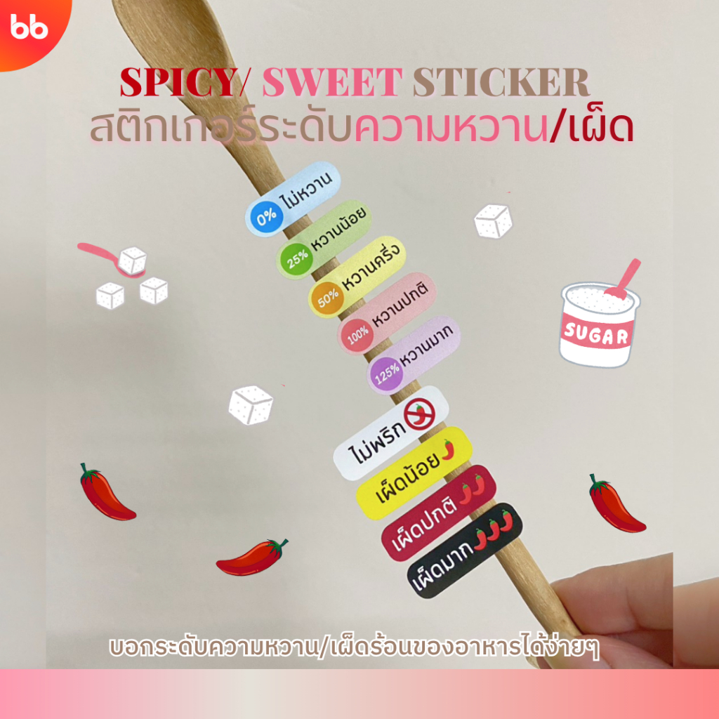 สติกเกอร์ระดับ ความเผ็ด🌶 ความหวาน🍭 เผ็ดน้อย เผ็ดมาก หวานน้อย สติกเกอร์ติดกล่อง ติดแก้ว sticker