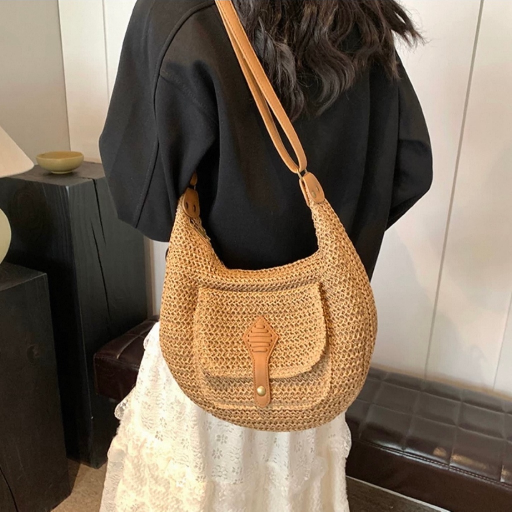 B334）Woven grass woven bag for women large capacity single shoulder crossbody bag beach vacation bag