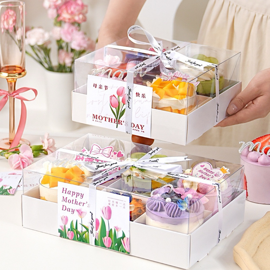 [พร้อมส่ง] กล่องใส่เค้ก คัพเค้ก snack box พร้อมฝาใส มี 2 ขนาด แถมฟรีการ์ดและริบบิ้น