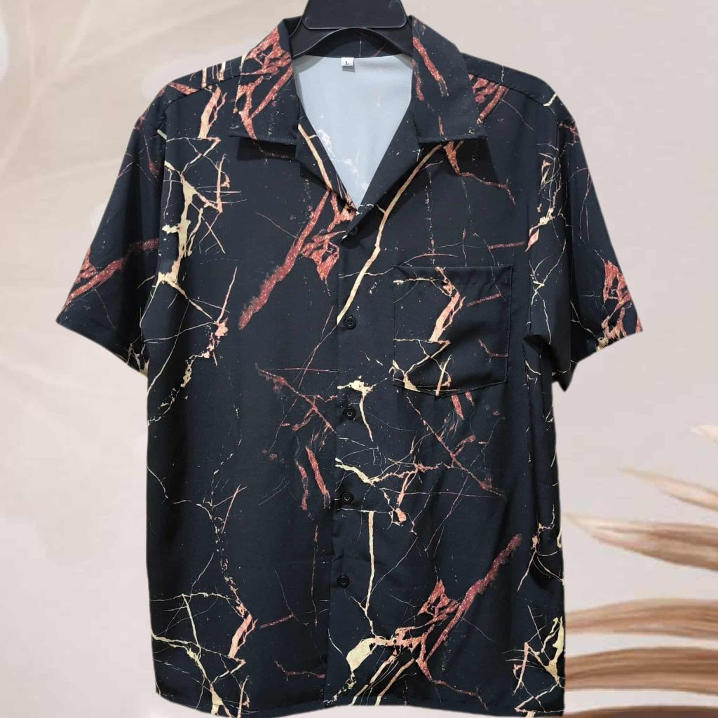 เสื้อเชิ้ตฮาวาย ลายหินอ่อนทอง (พื้นสีดำ) ผ้าไหมอิตาลี