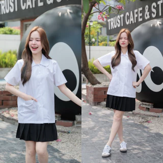 เสื้อนักศึกษา คอบัว ทรงบอย สีขาวนวล รอบอก 38-48“