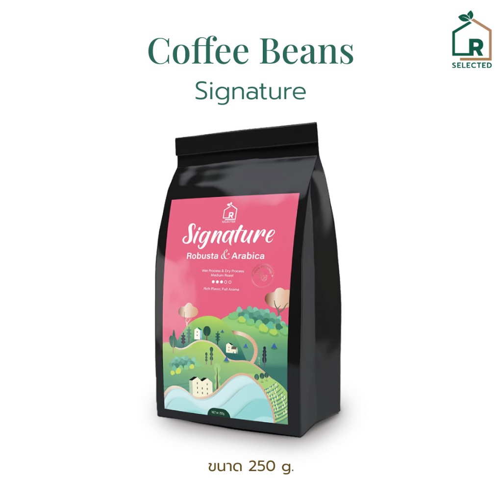 เมล็ดกาแฟออร์แกนิก รักบ้านเกิด โรบัสต้าและอาราบิก้า คั่วกลาง-เข้ม สูตร Signature 250 g.
