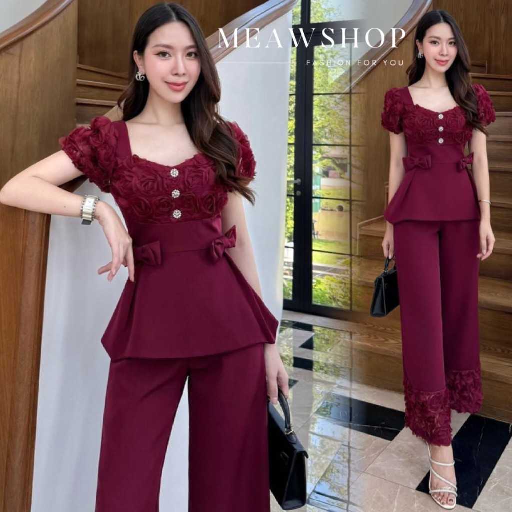 S-3XL Set เสื้อคอหัวใจแขนตุ๊กตา+กางเกงขายาว ดอกกุหลาบ3D เก๋ๆ ทุกโอกาส ชุดออกงาน ชุดไปงาน ชุดเซ็ต ชุด