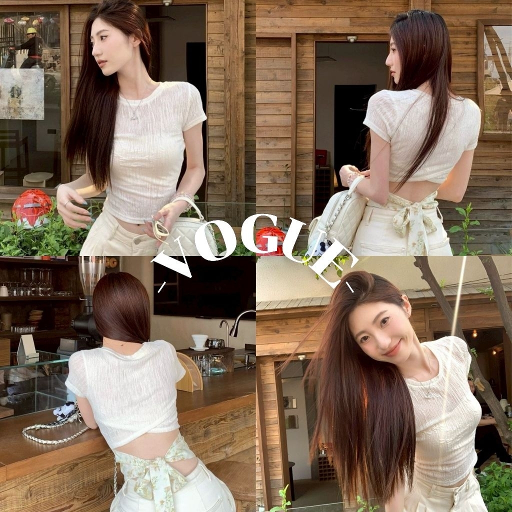 Vogue🌟พร้อมส่ง🌟 เสื้อยืดครอปสั้น คอกลม ผ้าไหมพรมสีครีมใส่ง่าย (8K179)
