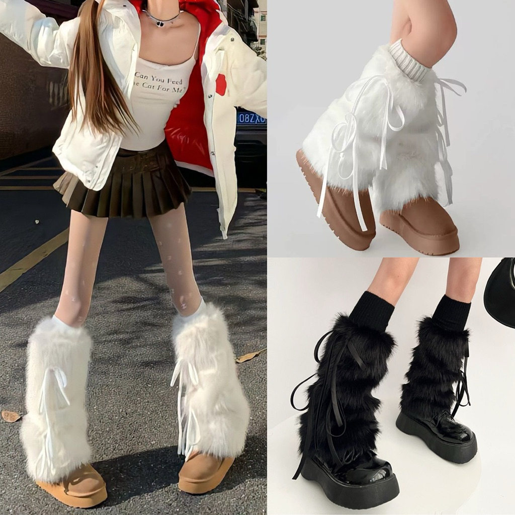 ถุงเท้าแฟชั่น BunnyJ. ดีเทลขน มีโบว์ผูกตกแต่ง น่ารักแมชชิ่งง่าย สไตล์เกาหลี ญี่ปุ่น ข้างในใส่สบายไม่