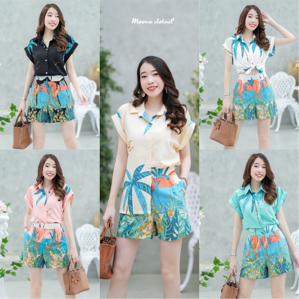 set 2 ชิ้น เสื้อปกเชิ้ตแขนเบิ้ลลายต้นมะพร้าว + กางเกงขายาว ชุดเซ็ท ชุดเซต
