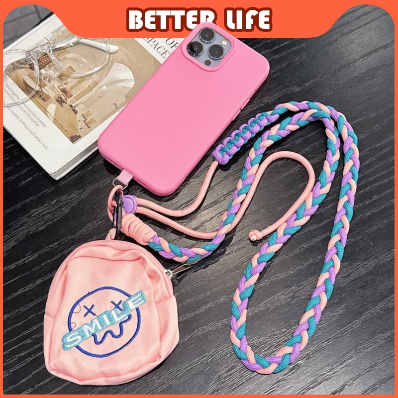 สายคล้องโทรศัพท์ พร้อมกระเป๋าเก็บแบบพกพา ปรับความยาวได้ ลายถักสะพายได้ สีสันสดใสสไตล์โดปามีนน่ารักๆ