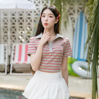 JARINYA (S-L) เสื้อยืดคอปกลายขวางปัก Jy ผ้าใส่สบาย (T848)
