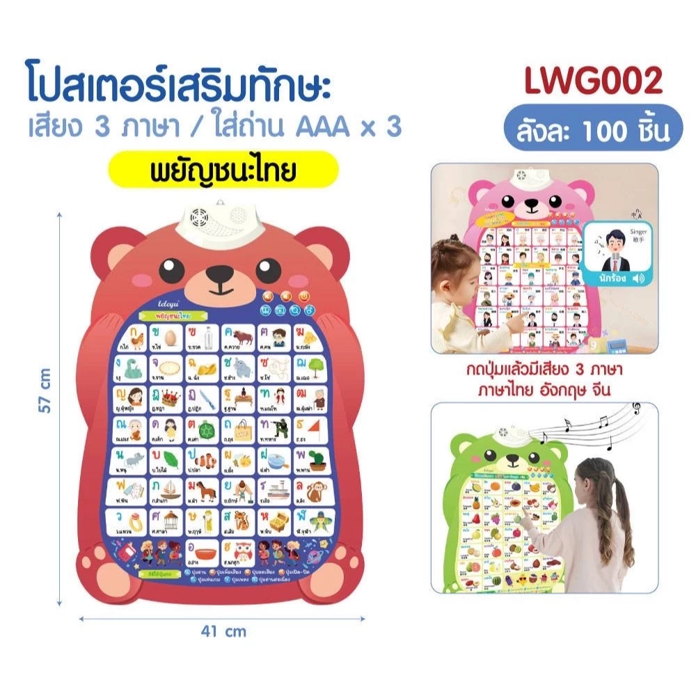 โปสเตอร์เสริมพัฒนาการ เสริมทักษะเด็ก  พร้อมเสียง 3 ภาษา ไทย อังกฤษ จีน