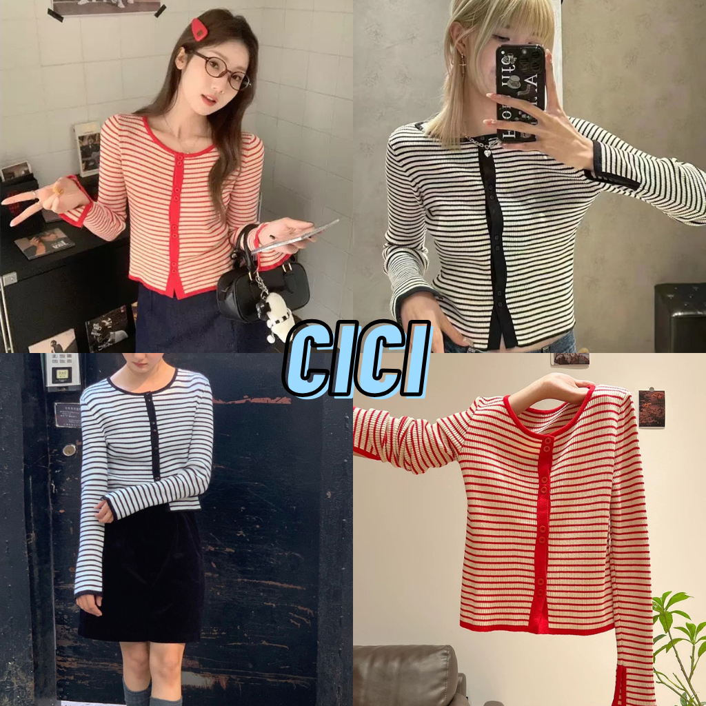 ส่งทันที Cici(NO. A2778)เสื้อไหมพรมแขนยาวลายทาง กระดุมแกะได้ ดีเทลแต่งแขนขาด สไตล์สาวเกาหลี