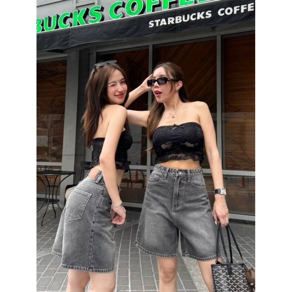 Saran Jeans กางเกงยีนส์ขาสั้น3ส่วน สีดำฟอก 2XL