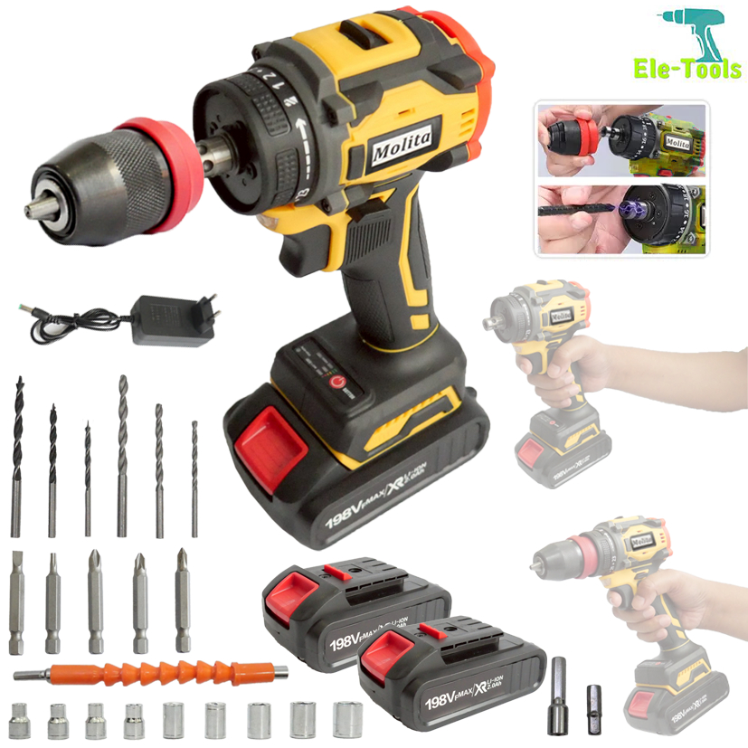 MOLITA สว่านไร้สาย สว่านไร้สายแท้ สว่านไฟฟ้าไร้สาย 198V ไขควง ไฟฟ้า สว่านไขควงไร้สาย สว่านไขควงกระแท