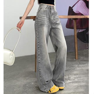 กางเกงยีนส์ย้อนยุค กางเกงขายาว กางเกงขายาวทรงตรงเอวสูง ทรงหล…