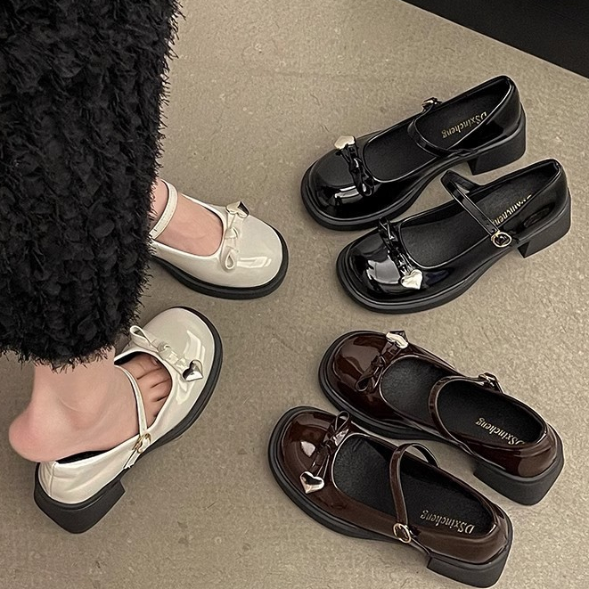 รองเท้าแมรี่เจนแฟชั่นสไตล์ญี่ปุ่น รองเท้าหนังส้นหนาของผู้หญิง ตกแต่งโบว์ หัวกลม สไตล์ย้อนยุค