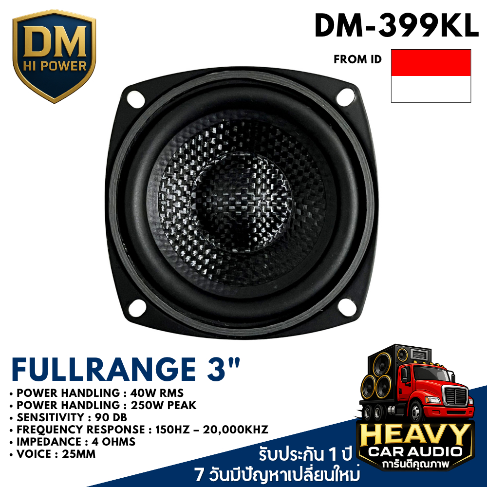 ขายดีมาก DM POWER รุ่น DM-399KL ลำโพง 3 นิ้ว Full Range กำลังขับ 250 วัตต์ MAX หน้าเคฟล่า สวยงาม