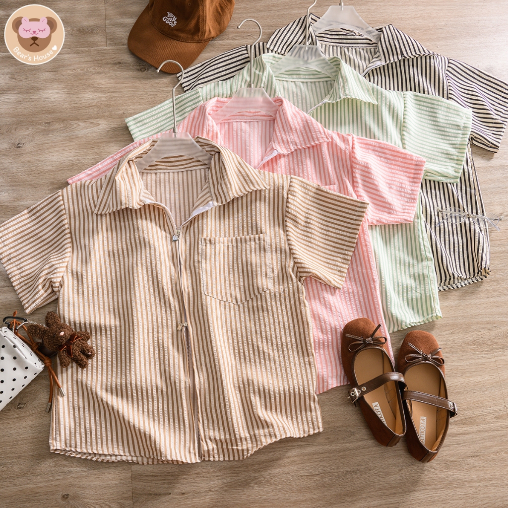 Miri Strip Shirt Oversize เสื้อเชิ้ตคอปกซิปโบว์ รูดได้ทั้งบนและล่างเลยน๊า