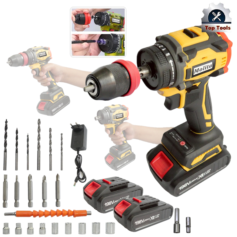 MOLITA สว่านไร้สาย สว่านไร้สายแท้ สว่านไฟฟ้าไร้สาย 198V ไขควง ไฟฟ้า สว่านไขควงไร้สาย สว่านไขควงกระแท