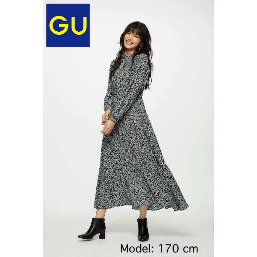 GU เดรส มือสอง ใหม่กริบ แบรนด์ญี่ปุ่น ทำงาน ออกงาน คาเฟ่ ลายดอก คอปีน แขนยาว