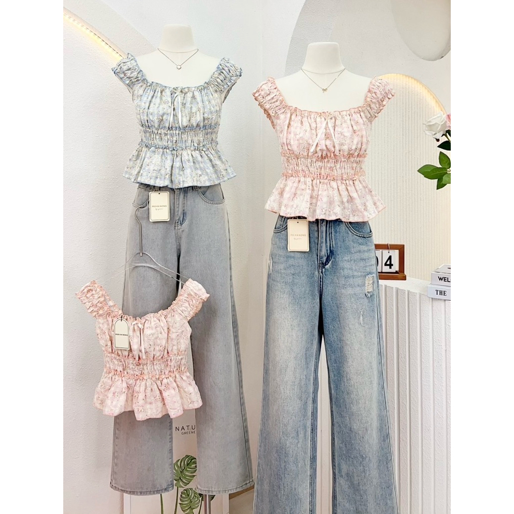 NN681 เสื้อครอปแขนตุ๊กตาผูกโบว์อก ผ้าปัก Peekanong🌷